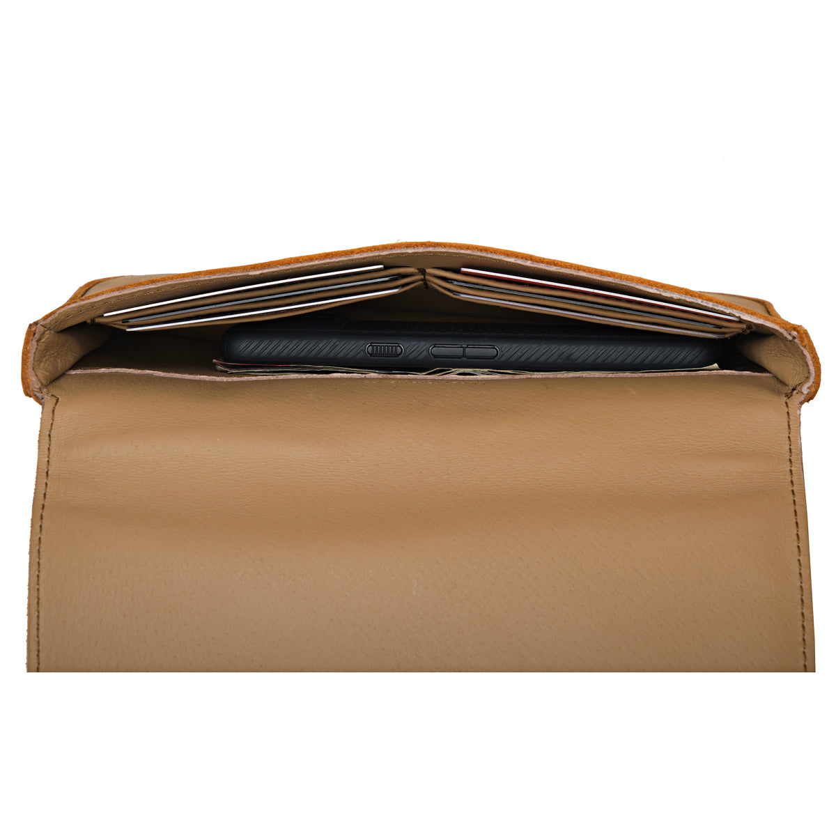 Magnetic Fold Over Bag Medium in Tobacco, flap open showing interior card slots with cards and a phone