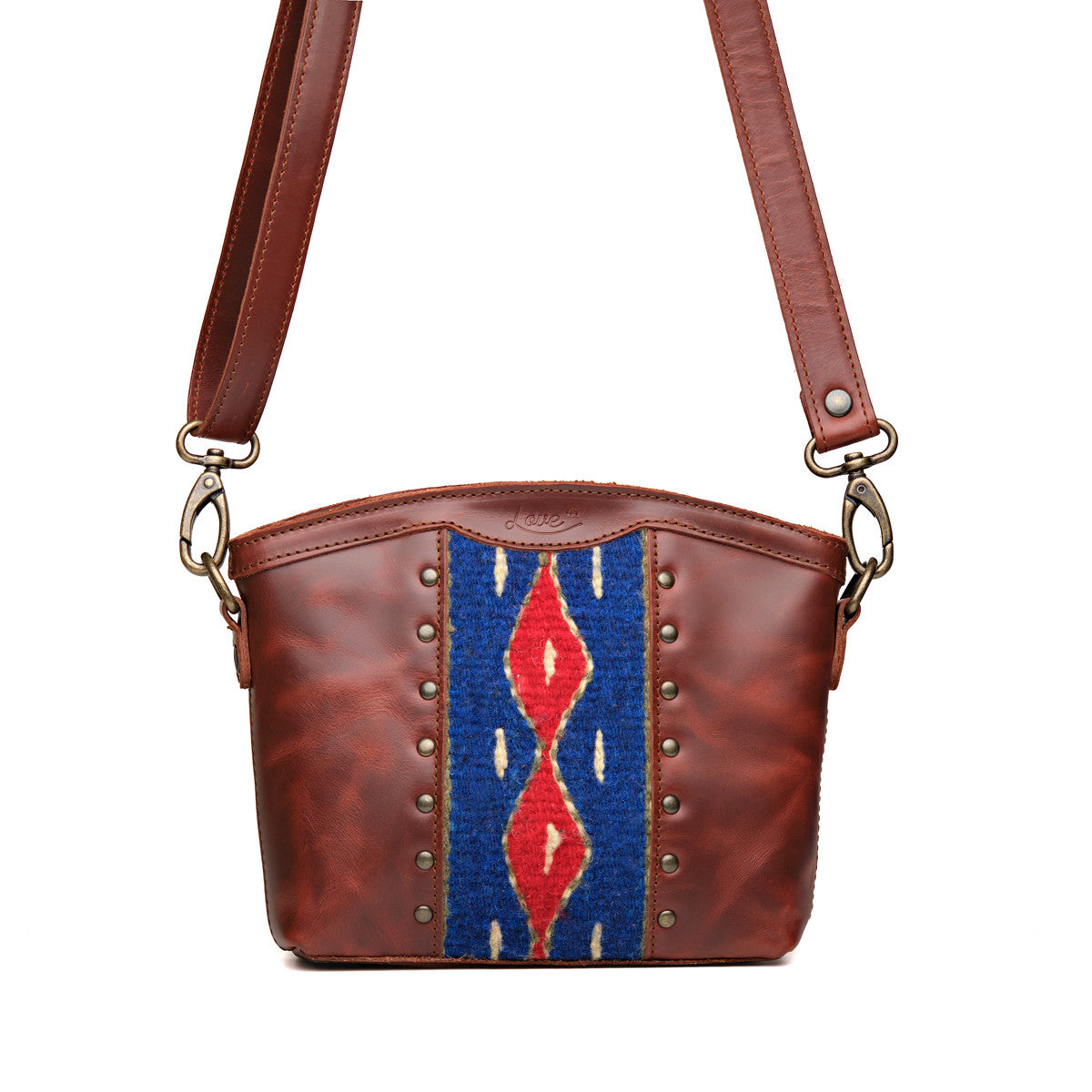 Lanita Small Crossbody in Chestnut, front view with blue and red woven panel, studs and shoulder strap
