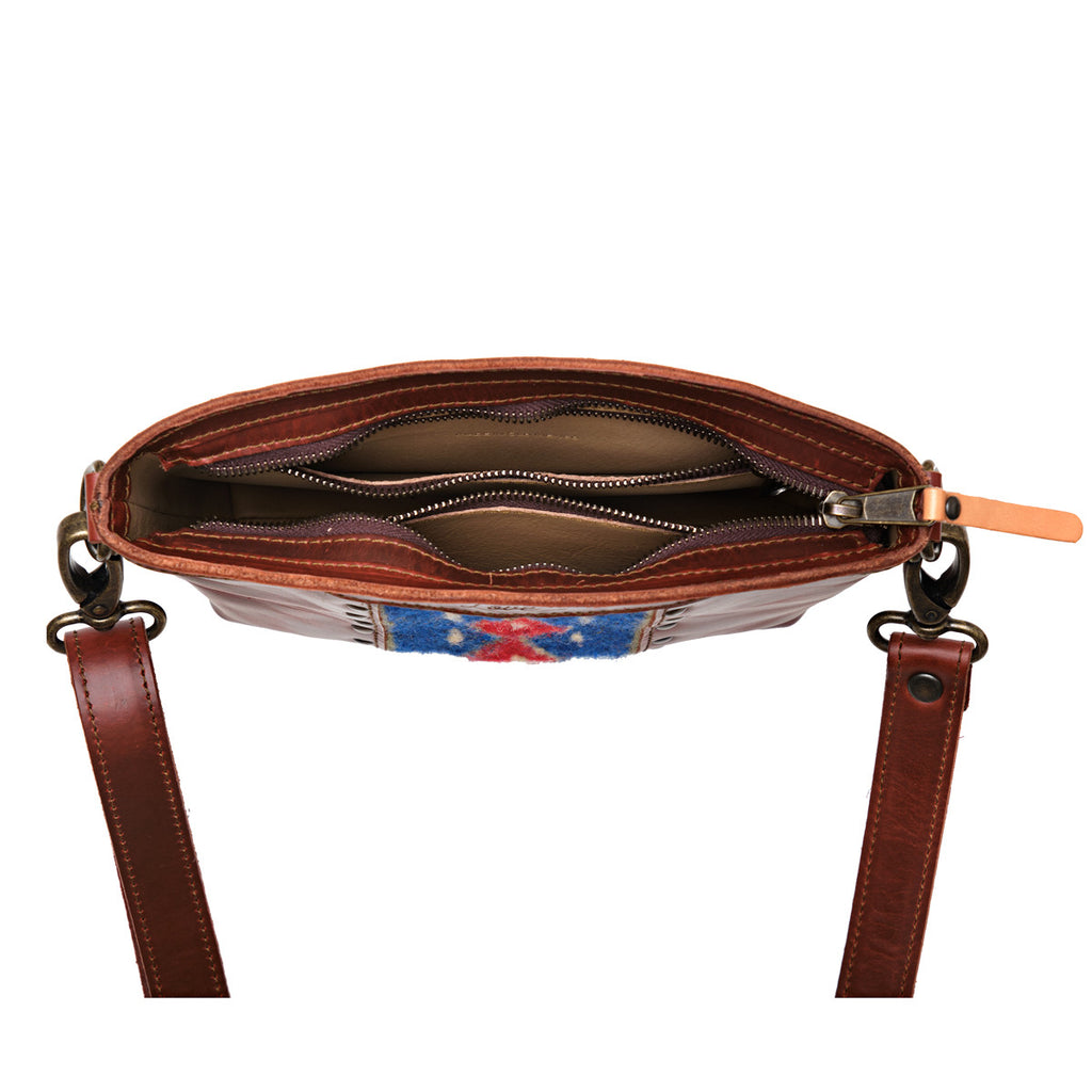 Lanita Small Crossbody in Chestnut, top-down view of unzipped interior with slip pockets