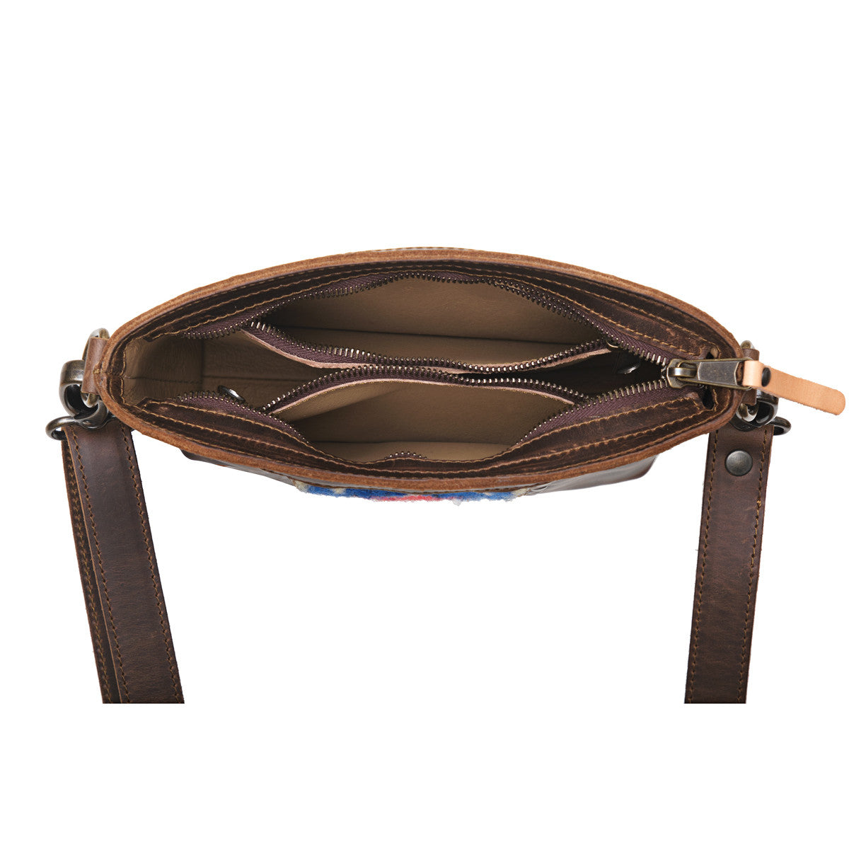 Lanita Small Crossbody in Dark Coffee Brown, top-down view of unzipped interior with slip pockets