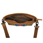 Lanita Small Crossbody in Tobacco, top-down view of unzipped interior with slip pockets