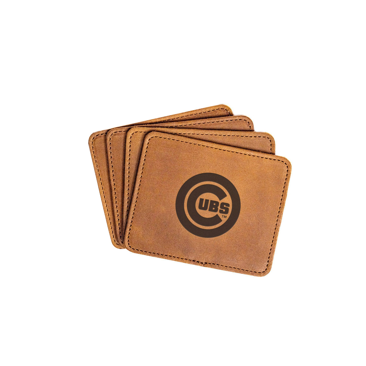 Chicago Cubs Leather Coaster Set in Tobacco, four fanned coasters with embossed Cubs bullseye logo