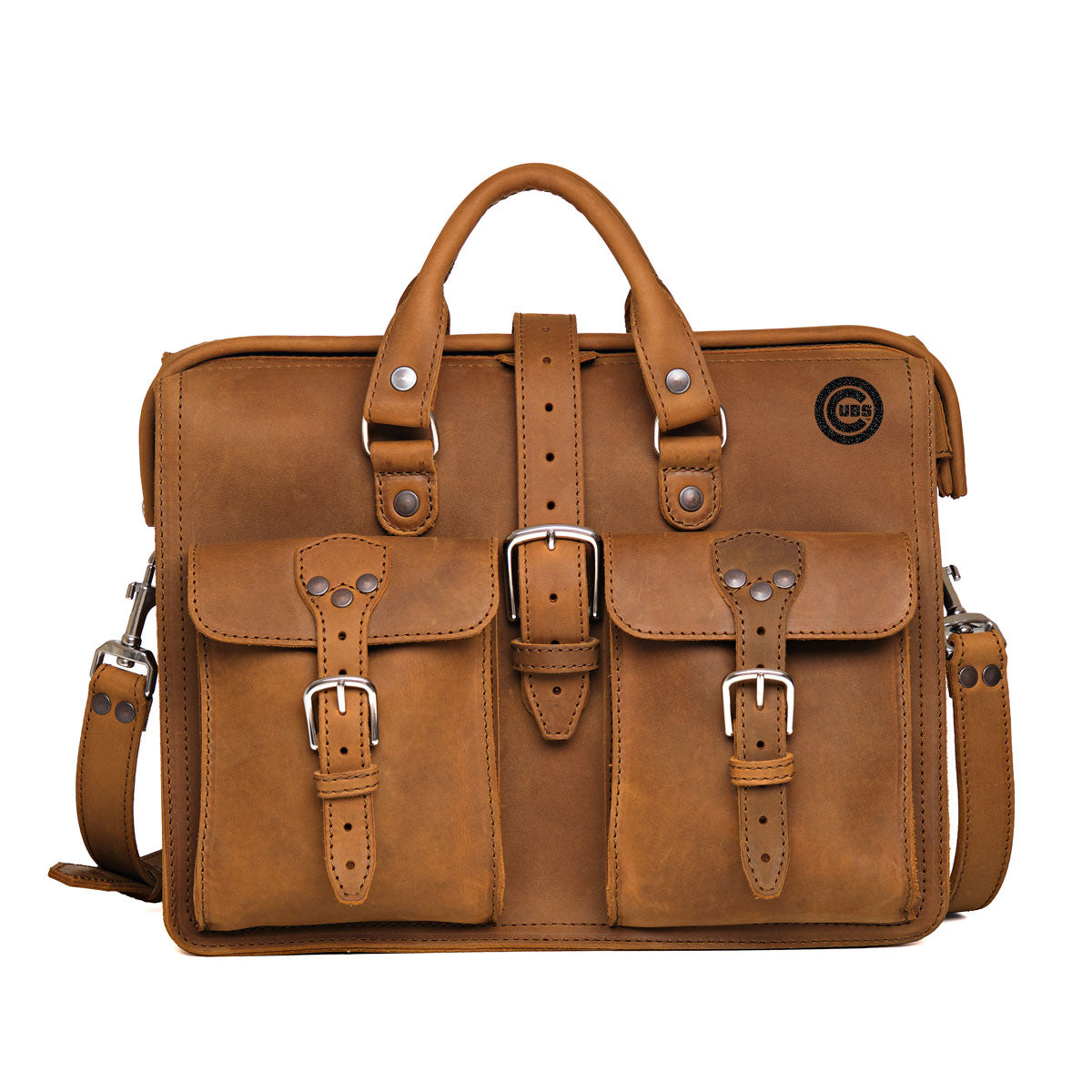Flight Bag Leather Briefcase - Chicago Cubs in Tobacco, front view with embossed team logo and buckled pockets