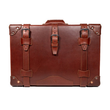 Grandfather Carry On in Chestnut, front view with three buckle straps