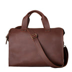Simple Overnight Leather Duffle Bag in Chestnut, back view with shoulder strap attached