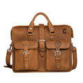 Flight Bag Leather Briefcase - Cleveland Guardians in Tobacco, front view with embossed team logo and buckled pockets