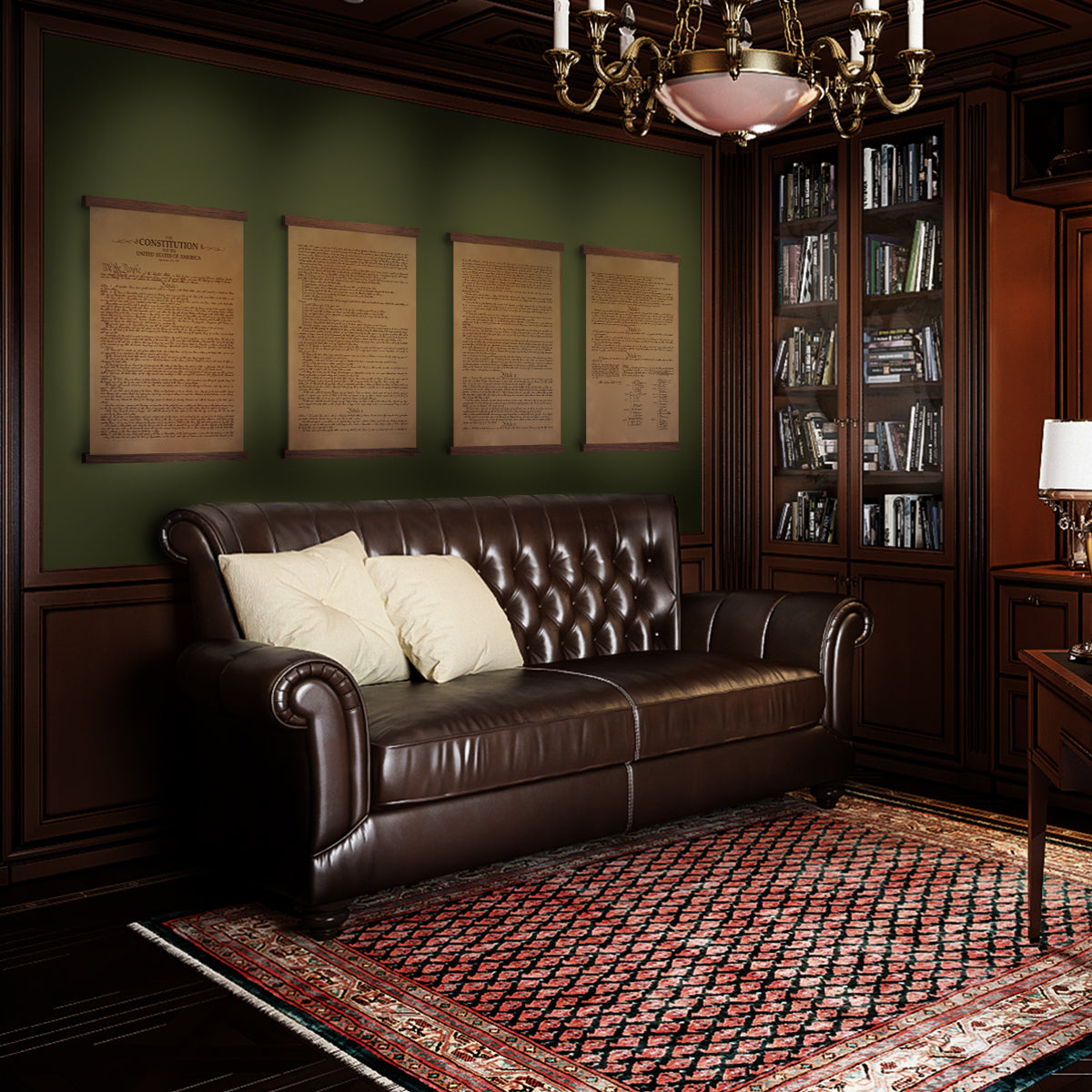 Leather Constitution of the United States - Natural, four pages hung on a green study wall above a leather sofa