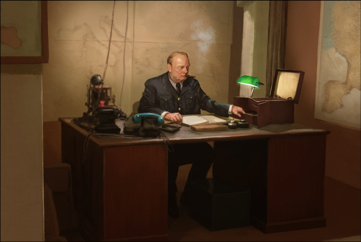 Painting of a man at a map room desk beside an open leather case, the inspiration for the Churchill Case