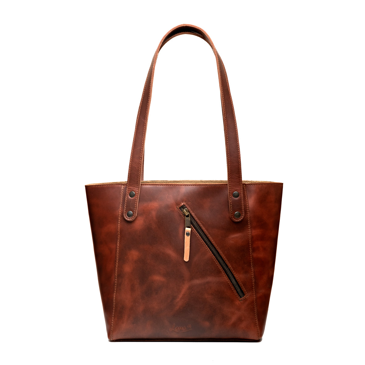 Concealed Carry Leather Tote in Chestnut, opposite side view with diagonal zippered pocket