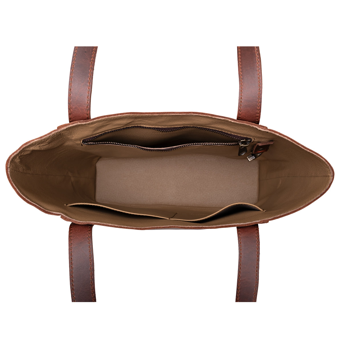 Concealed Carry Leather Tote in Chestnut, top-down view of the open interior with zippered and slip pockets