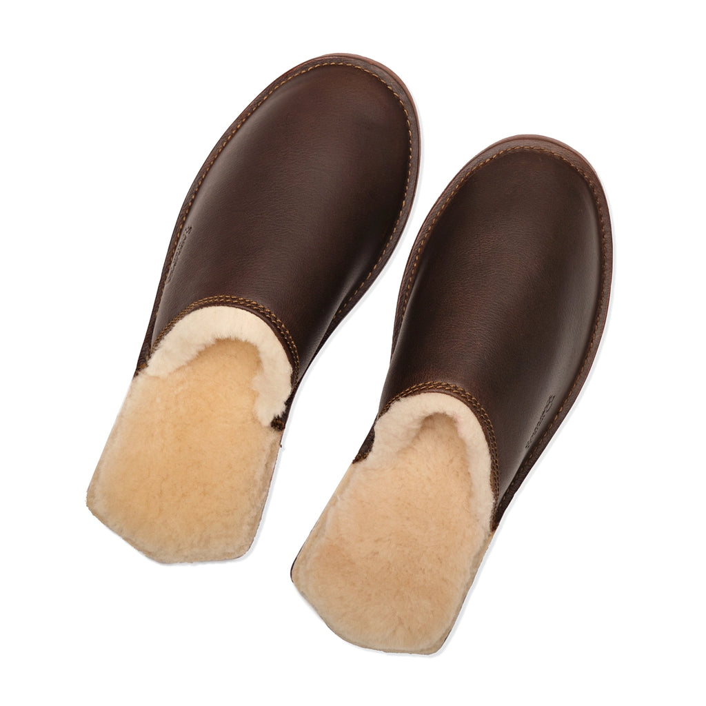 Pair of Women's Sheepskin Slippers in Dark Coffee Brown, top view showing the fleece lining