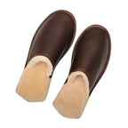Pair of Women's Sheepskin Slippers in Dark Coffee Brown, top view showing the fleece lining