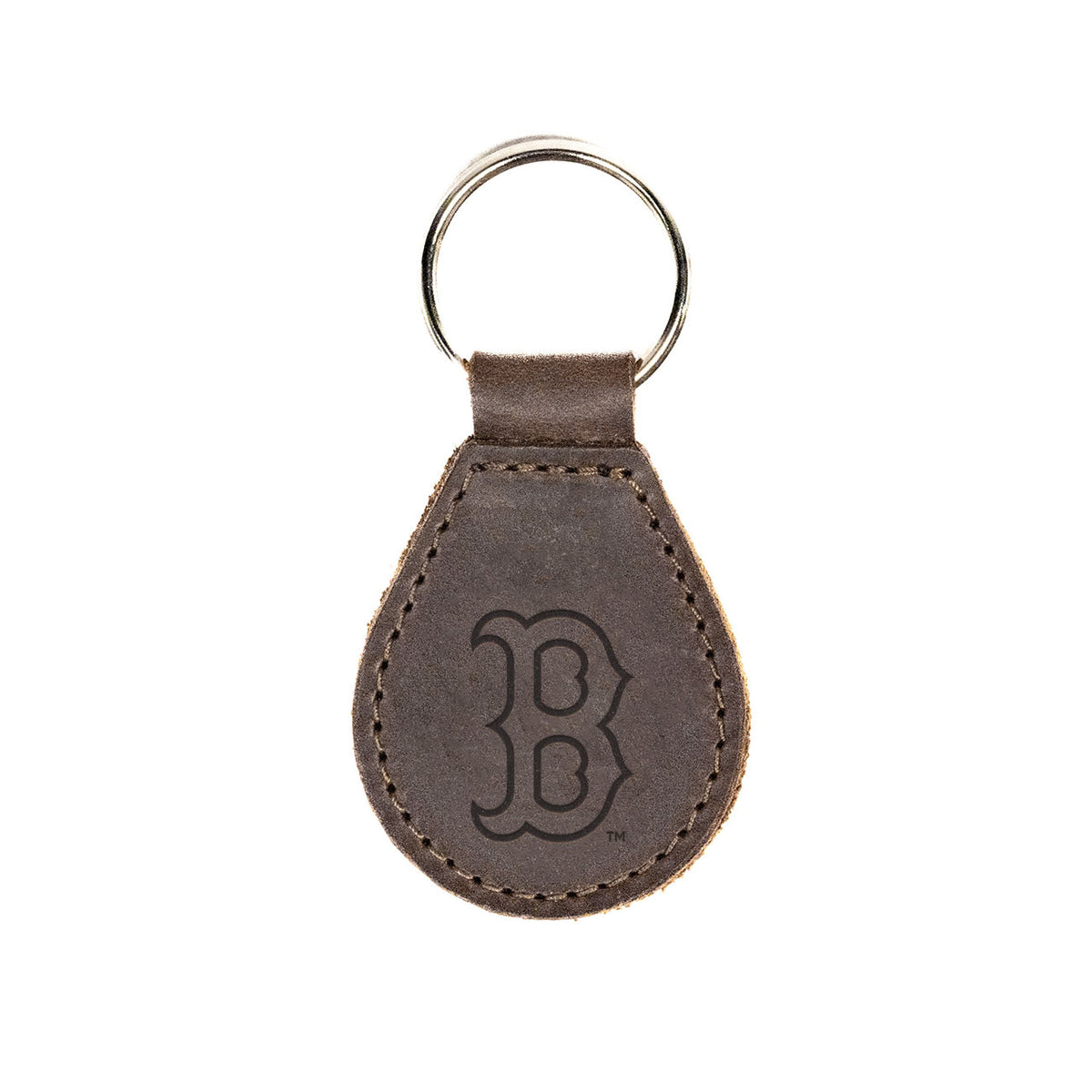 Boston Red Sox Leather Keychain in Dark Coffee Brown with B logo and silver key ring, front view