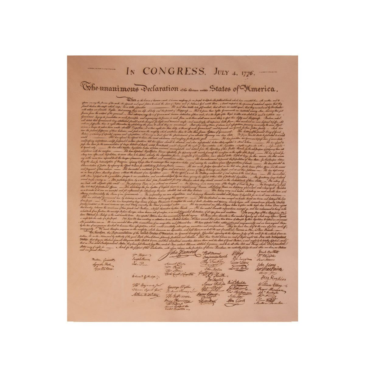 Leather Declaration Of Independence - Natural, front view of the full text and signatures printed on tan leather, unframed