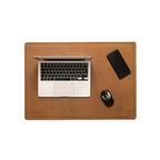 Leather Desk Pad New Design in Tobacco with laptop, phone and mouse, top view