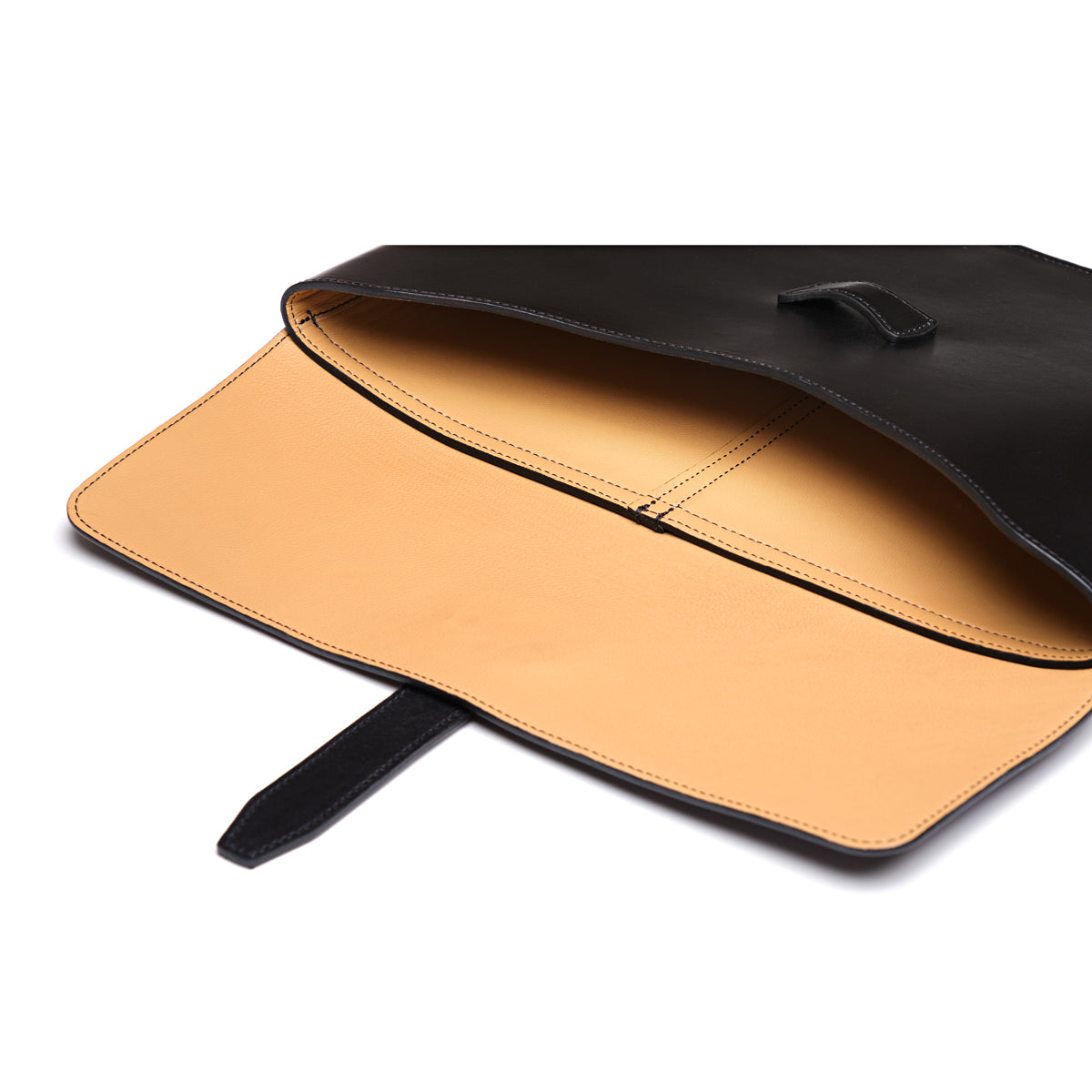 Silverback Document Holder in Black, open flap showing the tan leather interior and strap