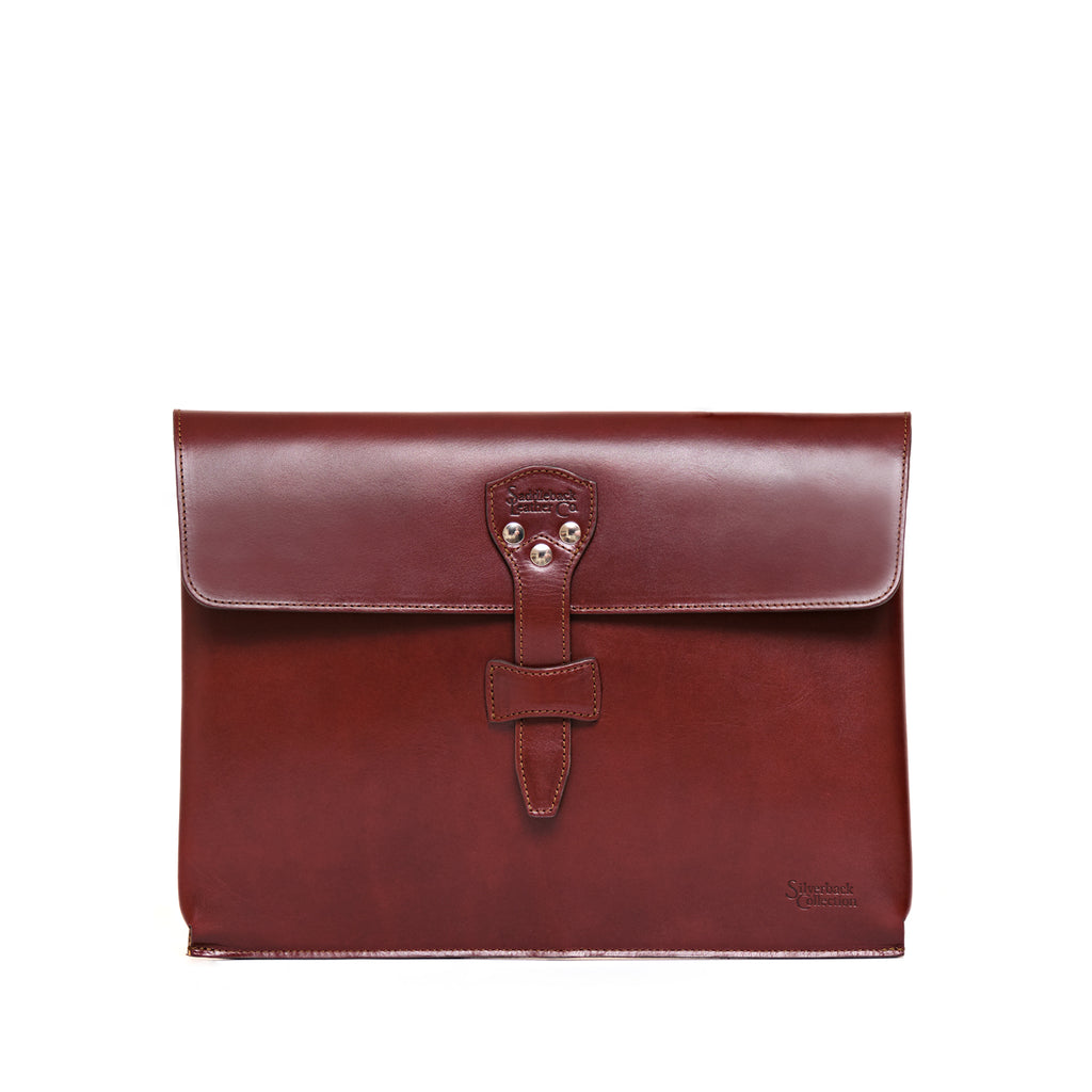 Silverback Document Holder in Chestnut, front view with flap and riveted tab closure