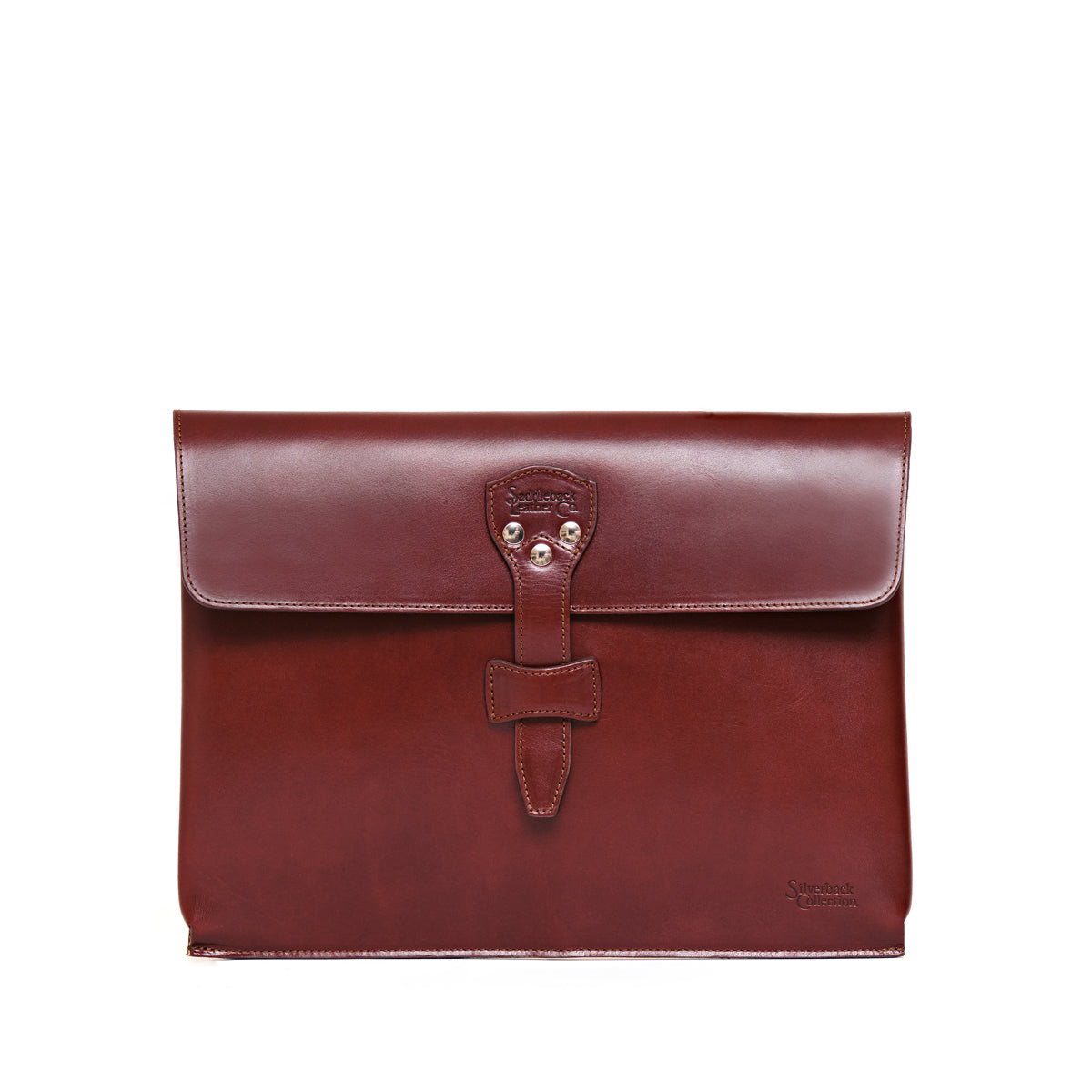 Silverback Document Holder in Chestnut, front view with flap and riveted tab closure