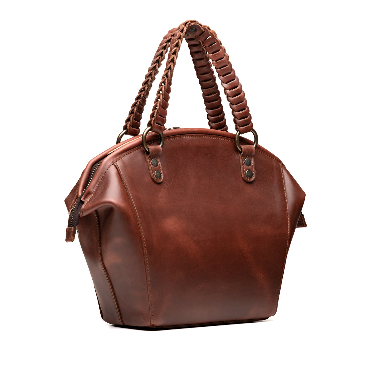 Dovetail Satchel in Chestnut, angled back view with braided handles and side zipper