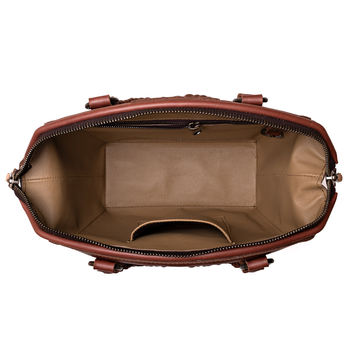 Dovetail Satchel in Chestnut, top-down view of the unzipped interior with slip pockets