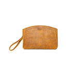 Leather Organizer Clutch in tan, front view with embossed logo and wrist strap