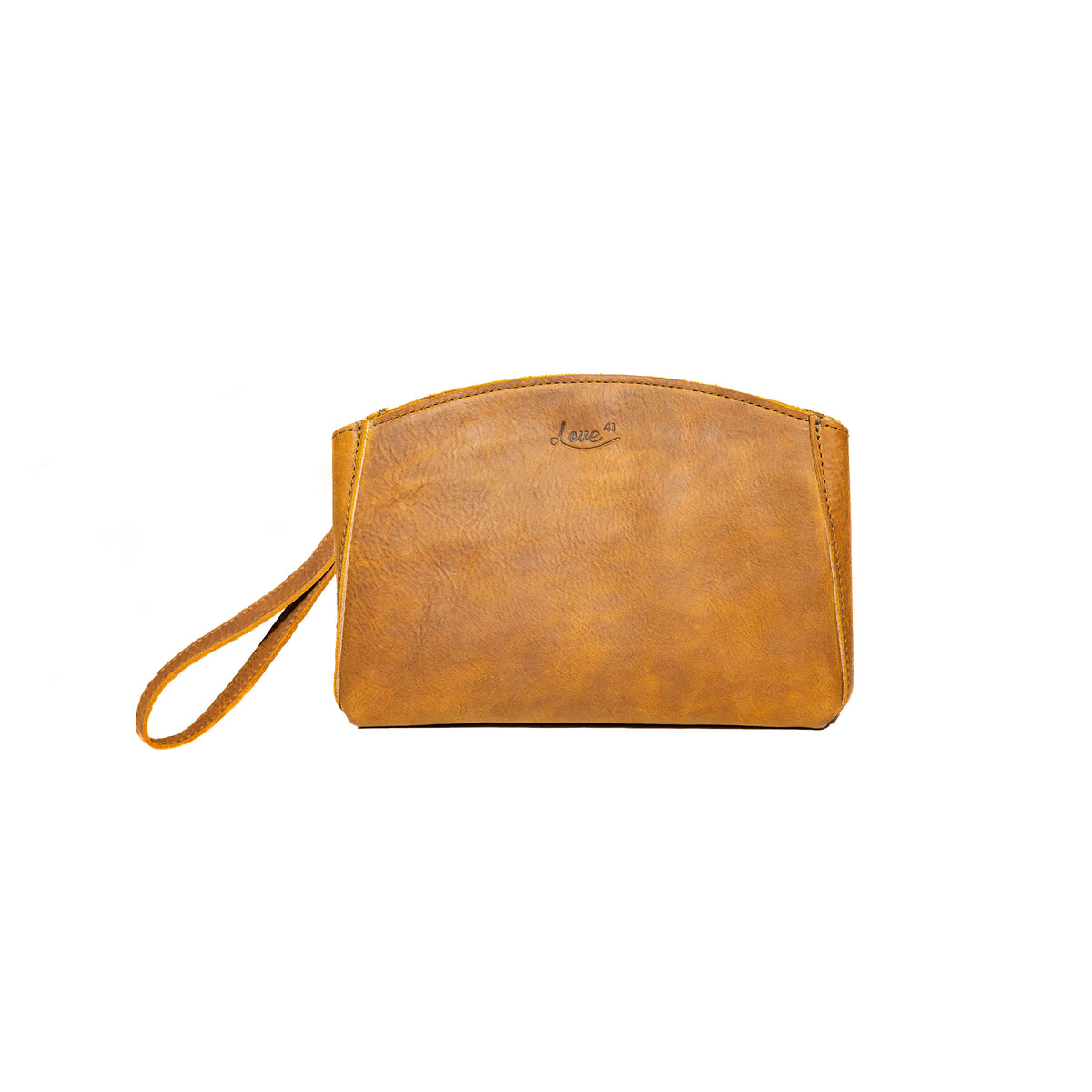 Leather Organizer Clutch in tan, front view with embossed logo and wrist strap