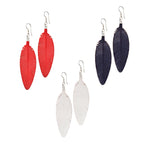 Leather Feather Earrings in Red, White and Dark Blue, three pairs shown together