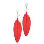 Leather Feather Earrings in Red, pair with etched feather detail and silver fishhook ear wires
