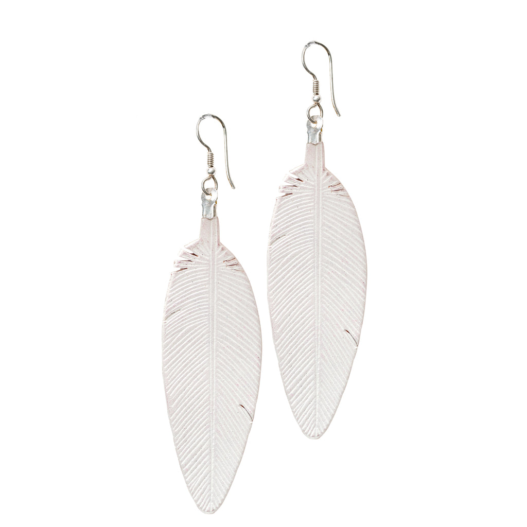 Leather Feather Earrings in White, pair with etched feather detail and silver fishhook ear wires