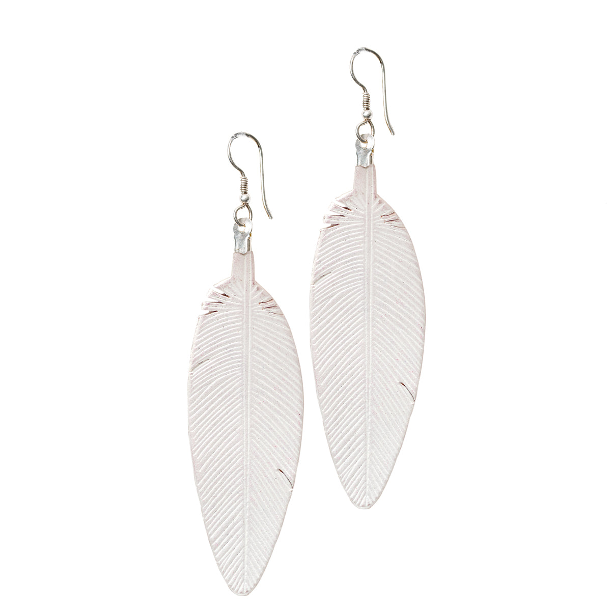 Leather Feather Earrings in White, pair with etched feather detail and silver fishhook ear wires