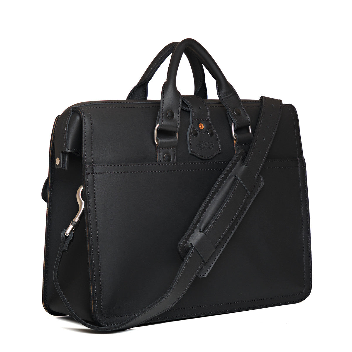 Flight Bag Leather Briefcase in black, angled back view with slip pocket and padded shoulder strap