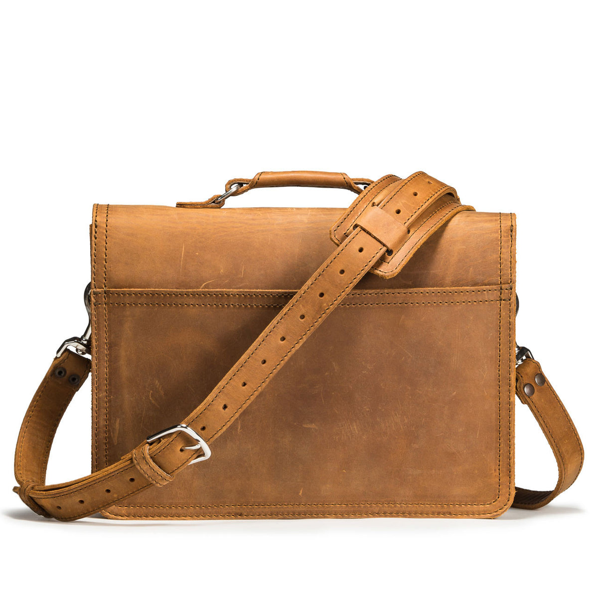 Fourteener Thin Leather Briefcase in Tobacco, back view with shoulder strap