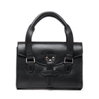 Double Handle Purse in Raven Black, front view with twin top handles and latched front flap