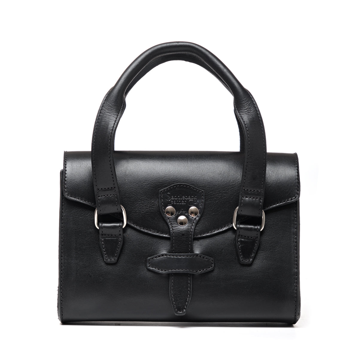 Double Handle Purse in Raven Black, front view with twin top handles and latched front flap
