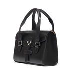 Double Handle Purse in Raven Black, angled front view with twin handles and latched front flap
