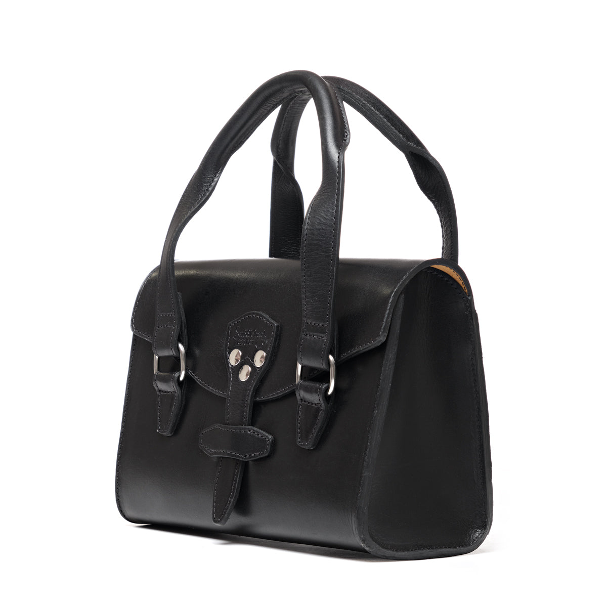 Double Handle Purse in Raven Black, angled front view with twin handles and latched front flap