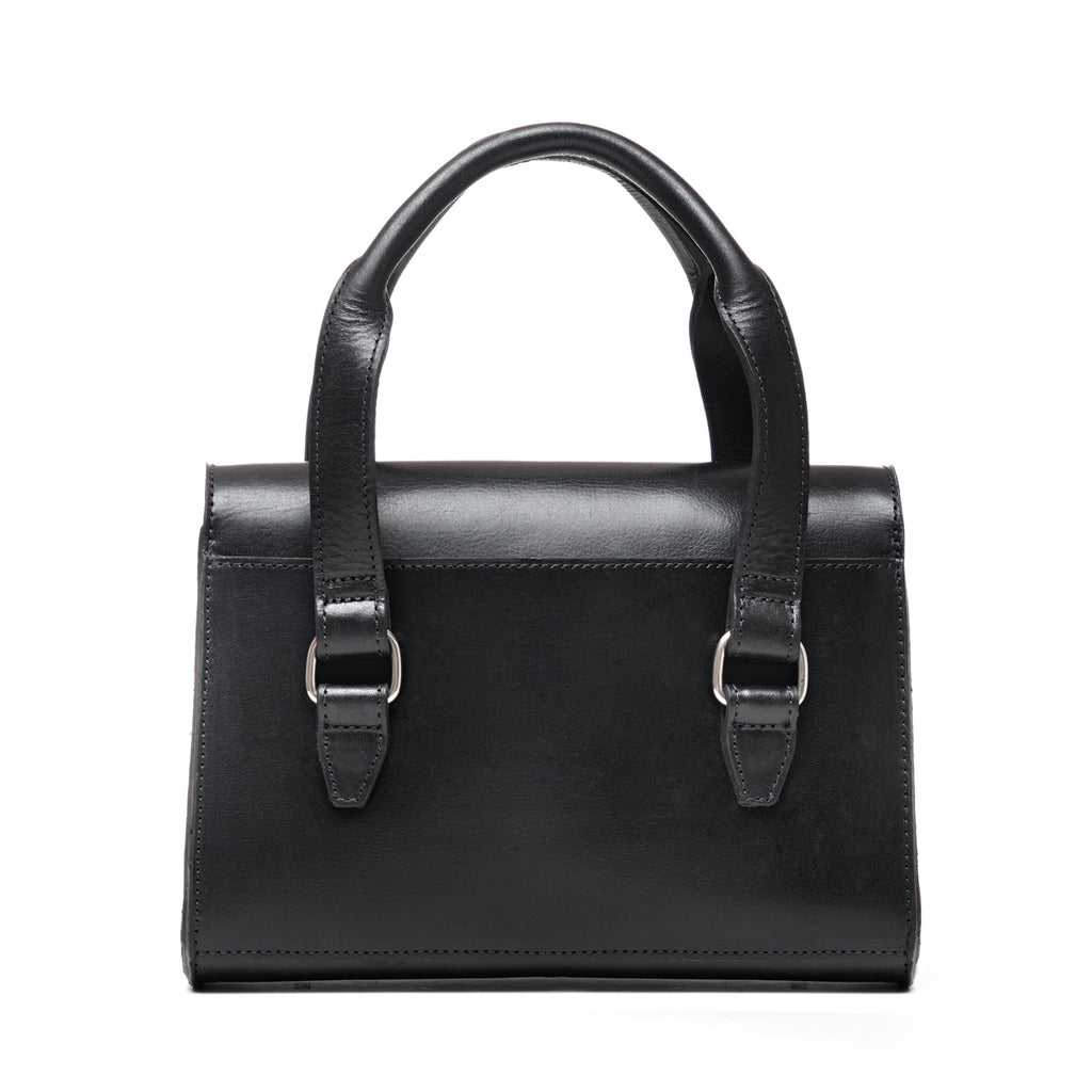 Double Handle Purse in Raven Black, back view showing the handle straps and buckles