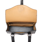 Double Handle Purse in Raven Black, top-down view with flap open showing the empty tan-lined interior