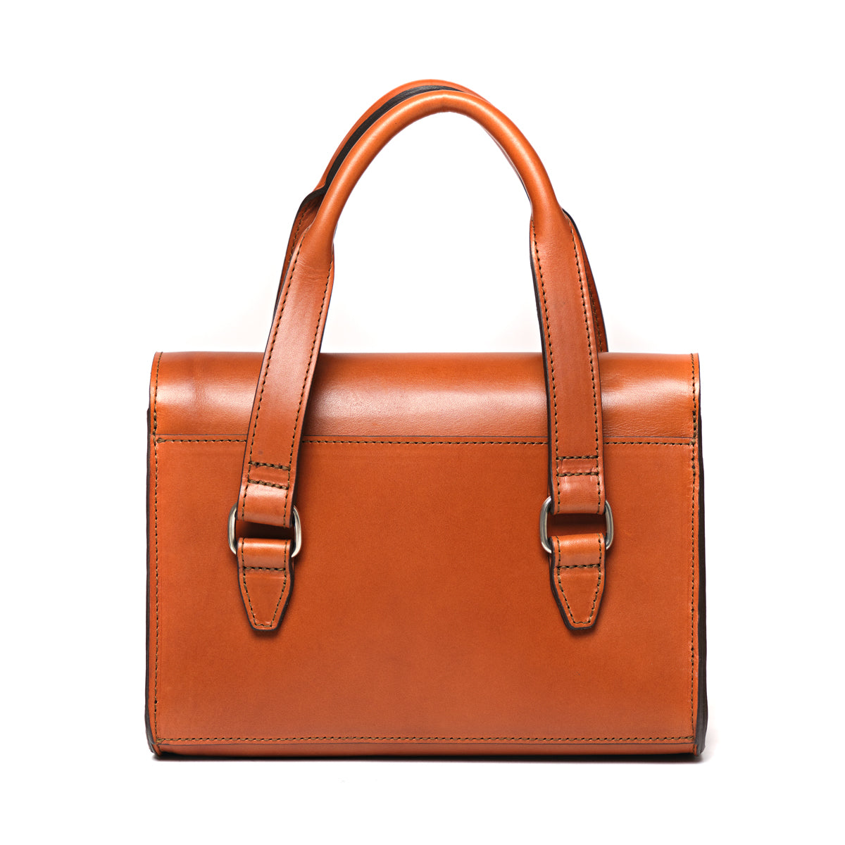 Double Handle Purse in English Tan, back view showing the handle straps and buckles
