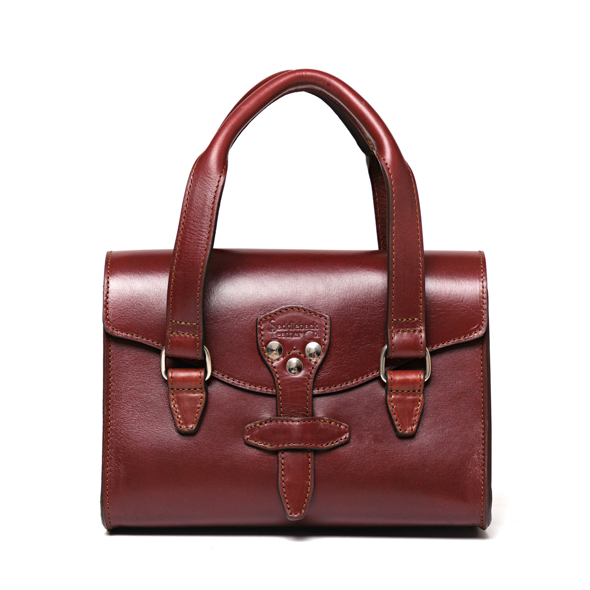Double Handle Purse in Oxblood, front view with twin top handles and latched front flap