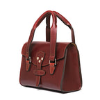 Double Handle Purse in Oxblood, angled front view with twin handles and latched front flap