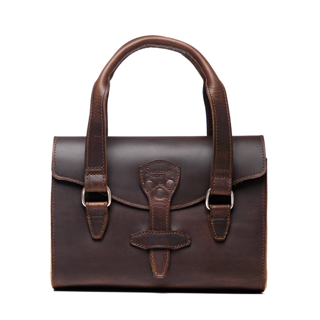Double Handle Purse in Dark Coffee Brown, front view with twin top handles and riveted flap closure