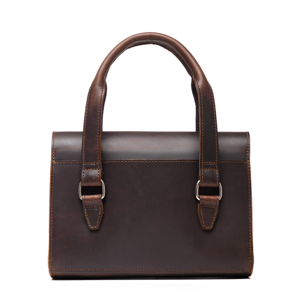 Double Handle Purse in Dark Coffee Brown, back view with twin top handles and buckle tabs