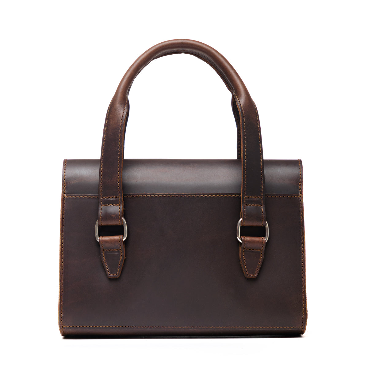 Double Handle Purse in Dark Coffee Brown, back view with twin top handles and buckle tabs