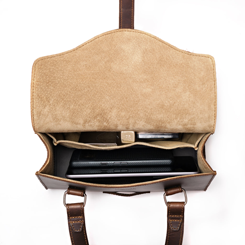 Double Handle Purse in Dark Coffee Brown, flap open from above showing a tablet, phone and cards inside