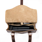 Double Handle Purse in Dark Coffee Brown, flap open from above showing a tablet, phone and cards inside