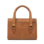 Double Handle Purse in Tobacco, back view with twin top handles and buckle tabs