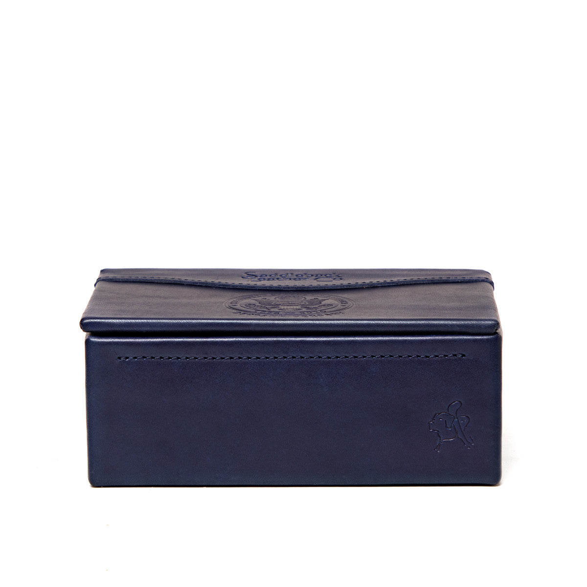 Saddleback Club Membership Thomas Jefferson Leather Desk Box in Blue and Red, closed front view with embossed logo