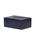 Saddleback Club Membership Thomas Jefferson Leather Desk Box in Blue and Red, closed angled view with embossed lid