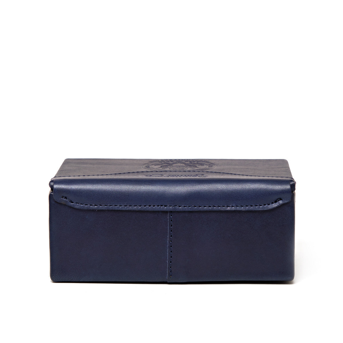 Saddleback Club Membership Thomas Jefferson Leather Desk Box in Blue and Red, closed side view with stitched seams